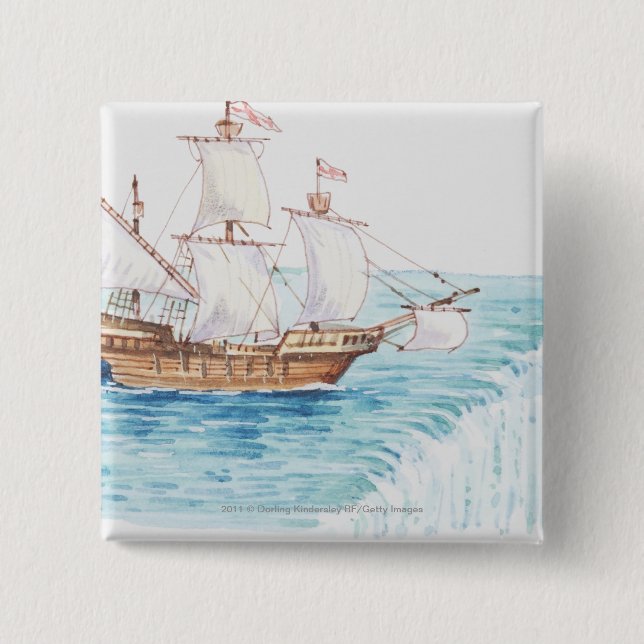 Illustration of ship approaching edge of waterfall 15 cm square badge (Front)