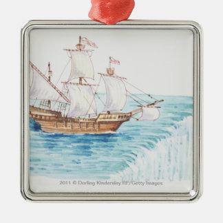 Illustration of ship approaching edge of waterfall metal tree decoration