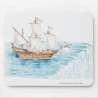 Illustration of ship approaching edge of waterfall mouse pad