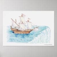 Illustration of ship approaching edge of waterfall