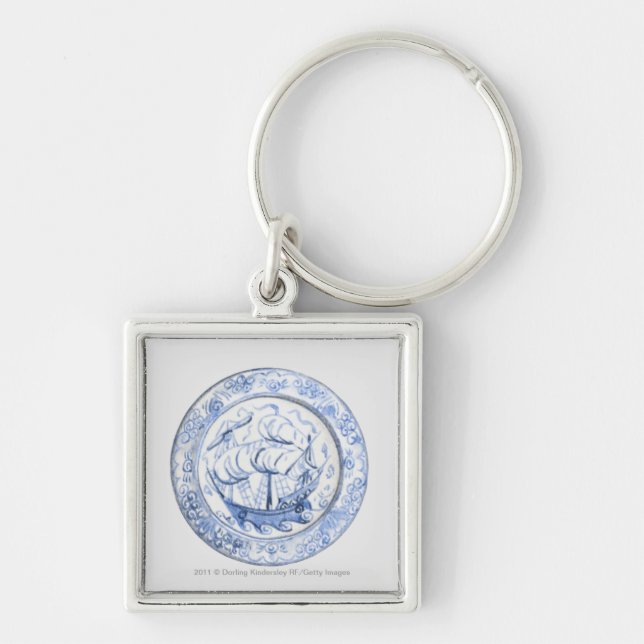 Illustration of ship on 16th century Iznik plate Key Ring (Front)
