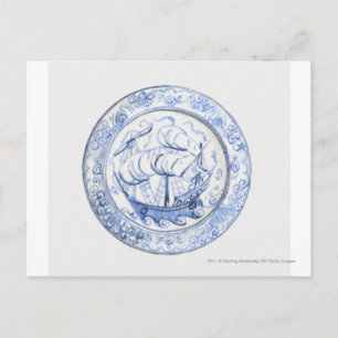 Illustration of ship on 16th century Iznik plate Postcard