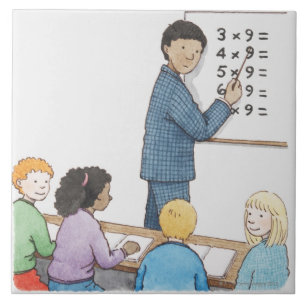 Illustration of teacher pointing at simple ceramic tile