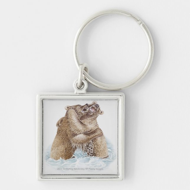 Illustration of two Brown Bears fighting in water Key Ring (Front)
