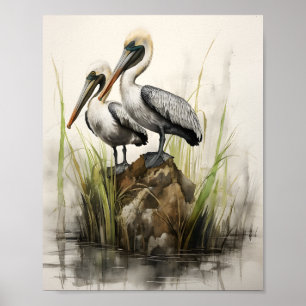 Illustration of Two Pelicans Poster