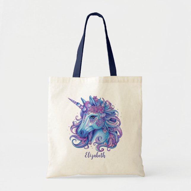 Illustration of Unicorn Blue Lilac Pink Tote Bag (Front)