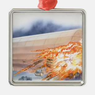 Illustration of Zeppelin bursting into flames Metal Tree Decoration