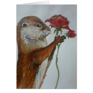 Illustration otter holding a single red rose
