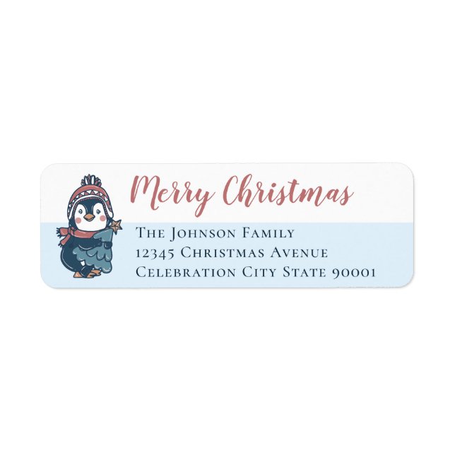 Illustration Penguin Merry Christmas Script Return Address Label (Front)