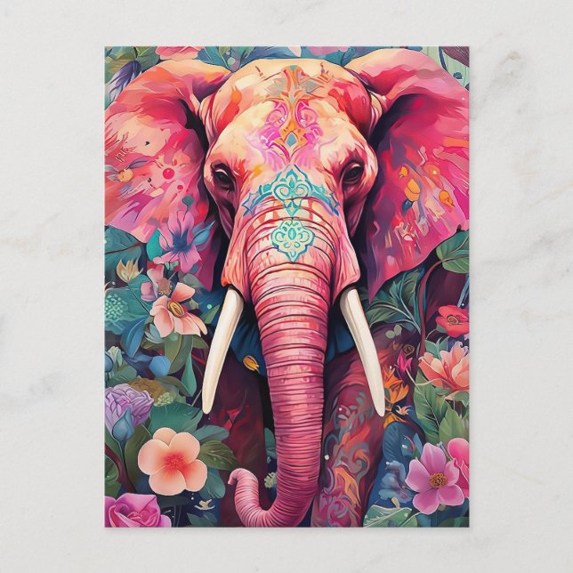 Illustration pink elephant with flowers postcard (Front)