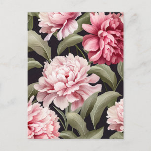 Illustration pink peony flowers with green leaves postcard