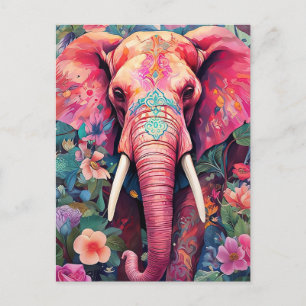 Illustration pinker Elefant mit Blumen Postcard