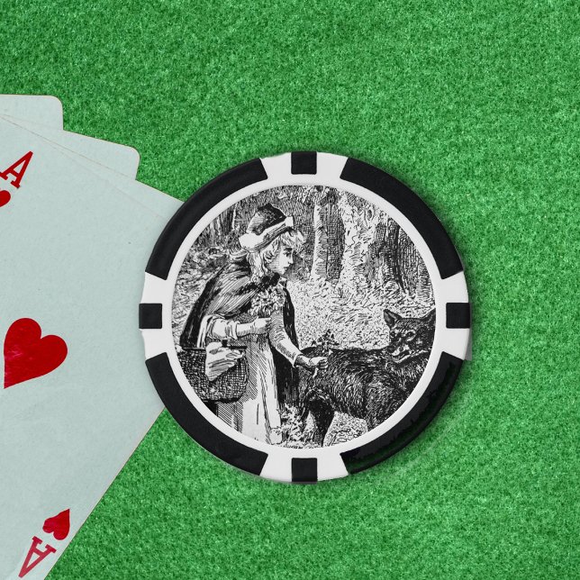 Illustration Red Riding Hood Wolf in Woods Poker Chips (Red riding hood with wolf black and white in forest with flowers on poker chips.)