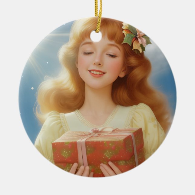 Illustration rétro de Noël Ceramic Ornament (Front)