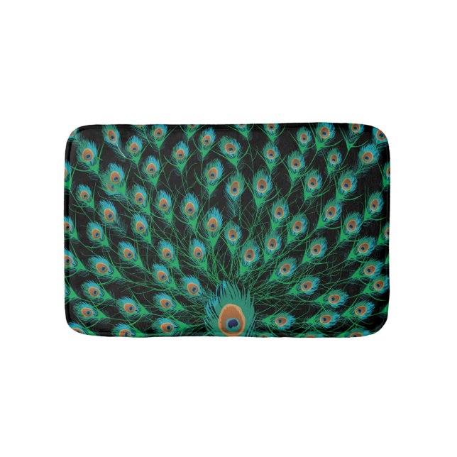 Illustration With Peacock Feathers on Black Bath Mat (Front)