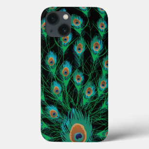Illustration With Peacock Feathers on Black iPhone 13 Case