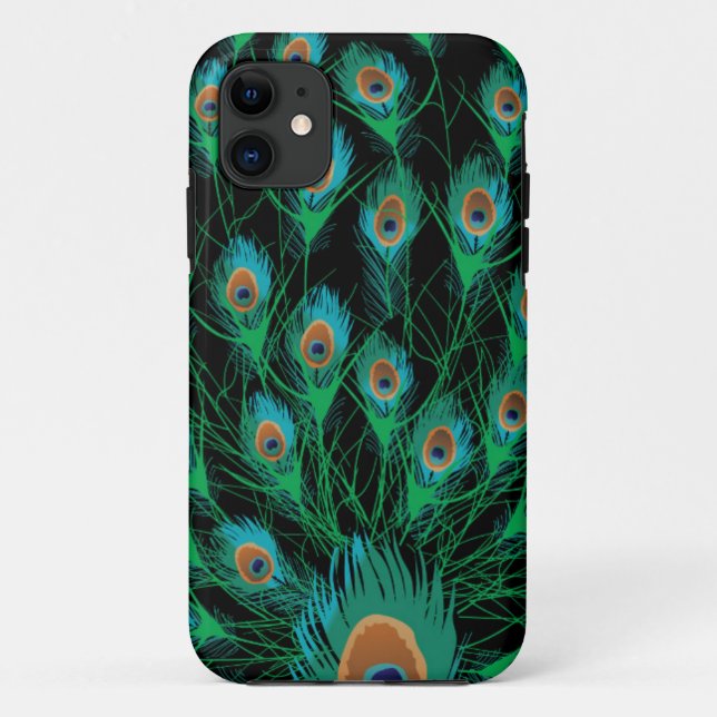 Illustration With Peacock Feathers on Black Case-Mate iPhone Case (Back)