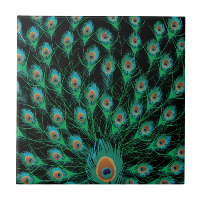 Illustration With Peacock Feathers on Black Ceramic Tile (Front)