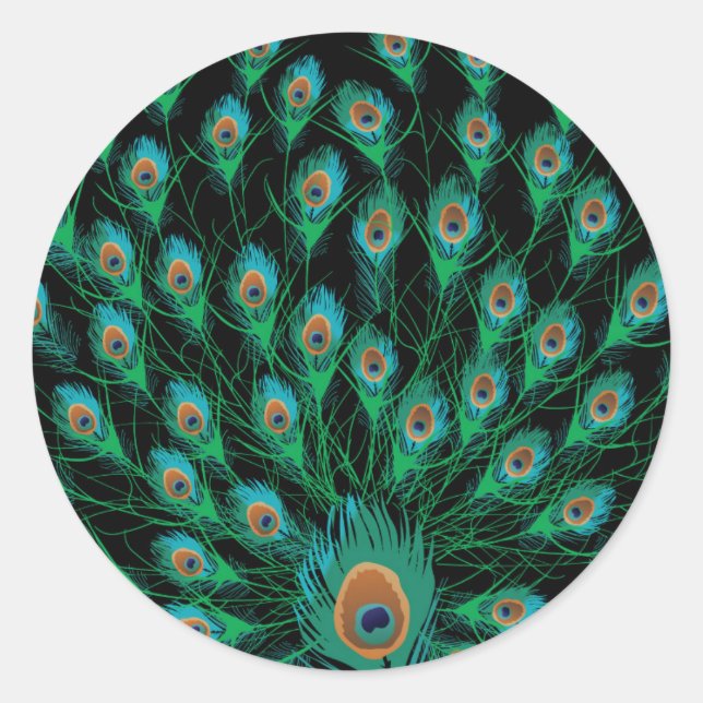 Illustration With Peacock Feathers on Black Classic Round Sticker (Front)