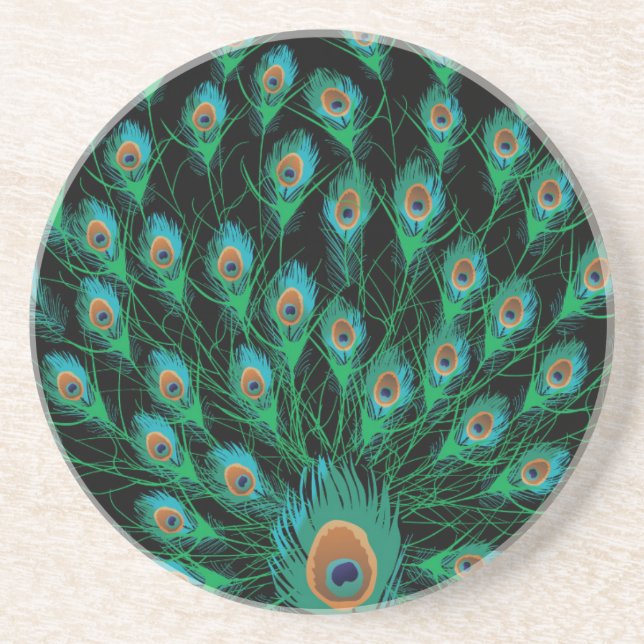 Illustration With Peacock Feathers on Black Coaster (Front)