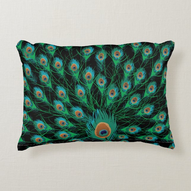 Illustration With Peacock Feathers on Black Decorative Cushion (Front)