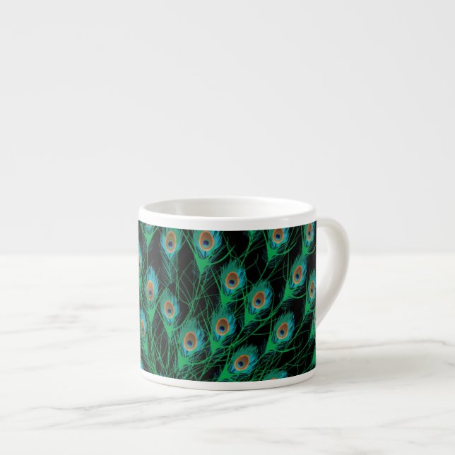 Illustration With Peacock Feathers on Black Espresso Cup (Front Right)