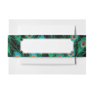 Illustration With Peacock Feathers on Black Invitation Belly Band