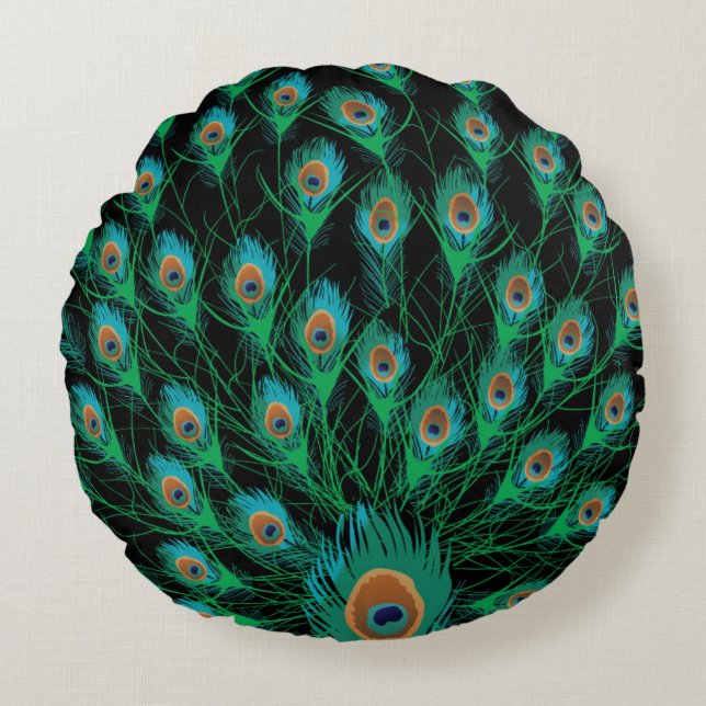 Illustration With Peacock Feathers on Black Round Cushion (Front)