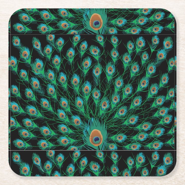 Illustration With Peacock Feathers on Black Square Paper Coaster (Front)