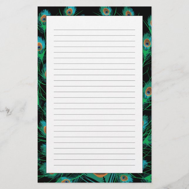 Illustration With Peacock Feathers on Black Stationery (Front)