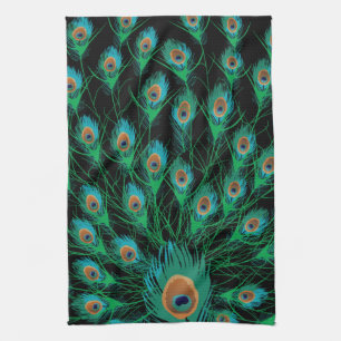 Illustration With Peacock Feathers on Black Tea Towel