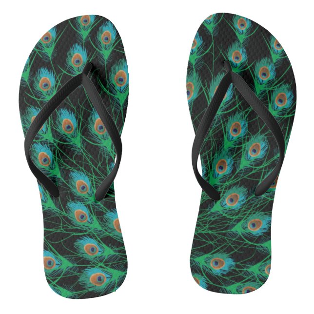 Illustration With Peacock Feathers on Black Thongs (Footbed)