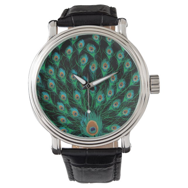 Illustration With Peacock Feathers on Black Watch (Front)