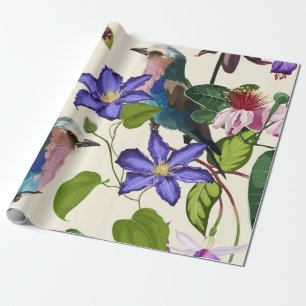 Illustrations of exotic flower, tropical birds. wrapping paper