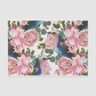 Illustrations of pink flowers, plants, birds. tissue paper
