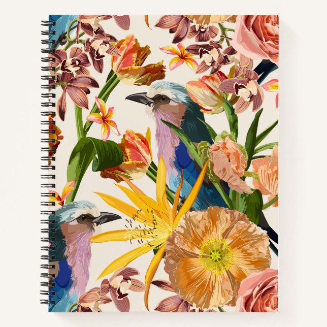 Illustrations of tropical flowers, exotic birds. notebook (Front)