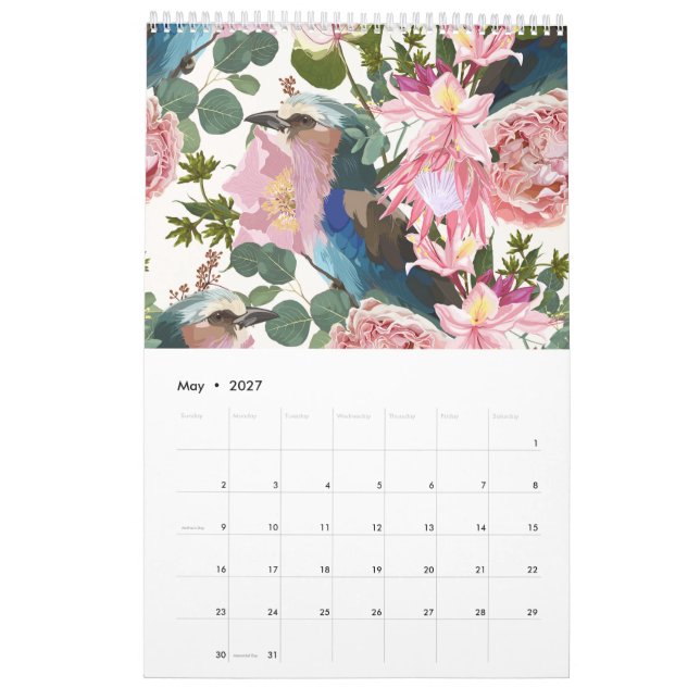 Illustrations of tropical flowers, plants, birds. calendar (May 2027)