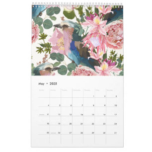 Illustrations of tropical flowers, plants, birds. calendar