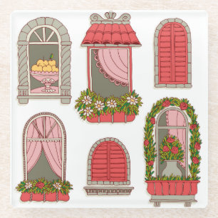 Illustrations with Vintage Windows: Artistic. Glass Coaster