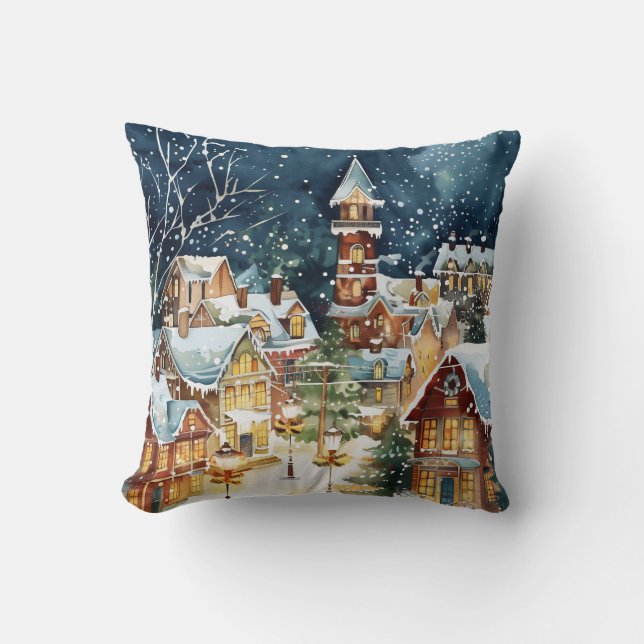 Illustrative Christmas  city in the snow Cushion (Front)