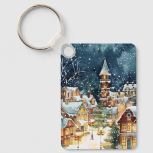 Illustrative Christmas  city in the snow Key Ring