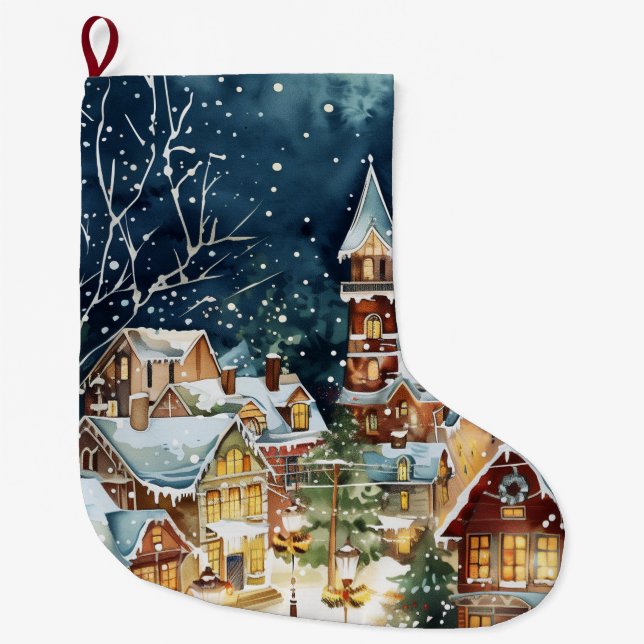 Illustrative Christmas  city in the snow Large Christmas Stocking (Front)