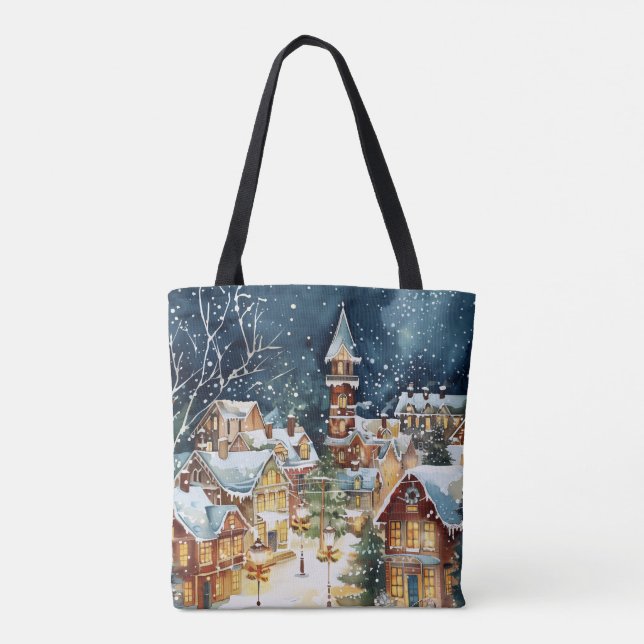 Illustrative Christmas  city in the snow Tote Bag (Back)