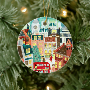 Illustrative London city in the snow Christmas  Ceramic Ornament