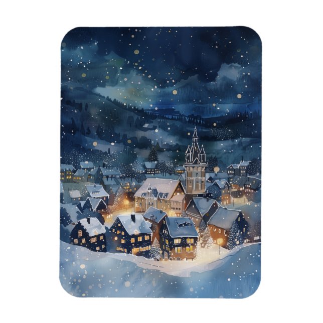 Illustrative of night sky Village in snow  Magnet (Vertical)