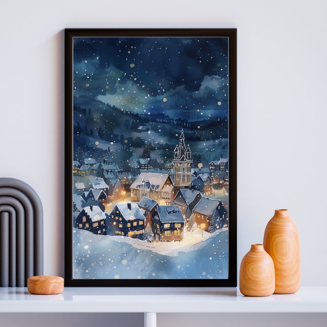 Illustrative of night sky Village in snow  Poster (Creator Uploaded)
