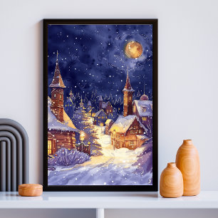 Illustrative of Xmas Village  in snow night Poster