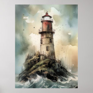 Illustrative Watercolor Lighthouse Poster Print
