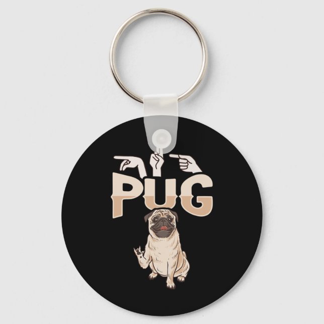ILY Pug ASL Hand Gesture Deaf Hearing Loss Awarene Key Ring (Front)