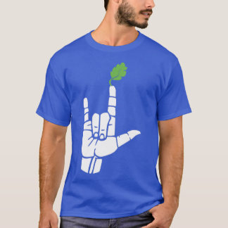 ILY sign plus green leaf ASL Sign Language Design T-Shirt